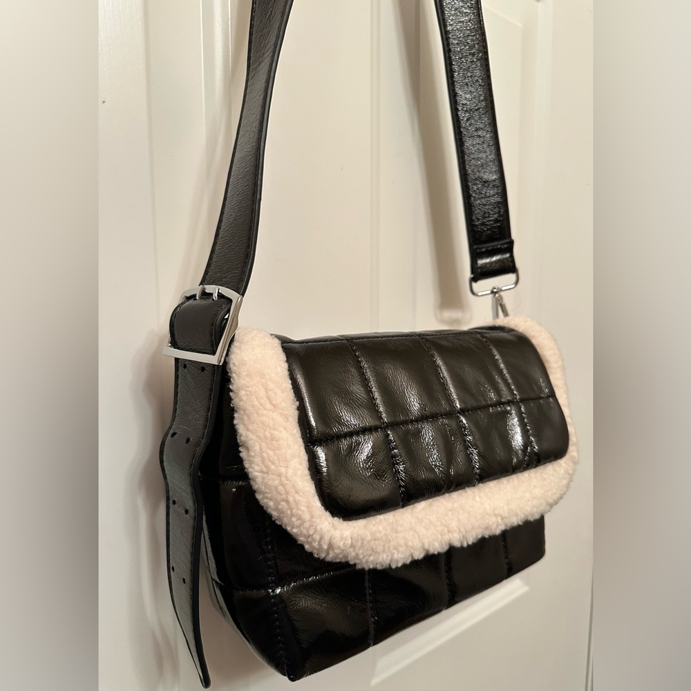 Black Quilted Crossbody Bag w/ Cream Trim, Shoulder Purse, Adjustable Strap